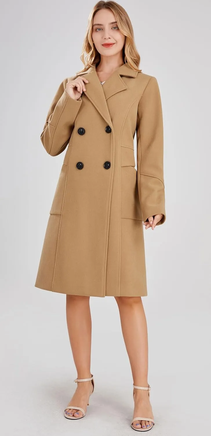 chouyatou Women's Basic Essential Double Breasted Mid-Long Wool Blend Pea Coat