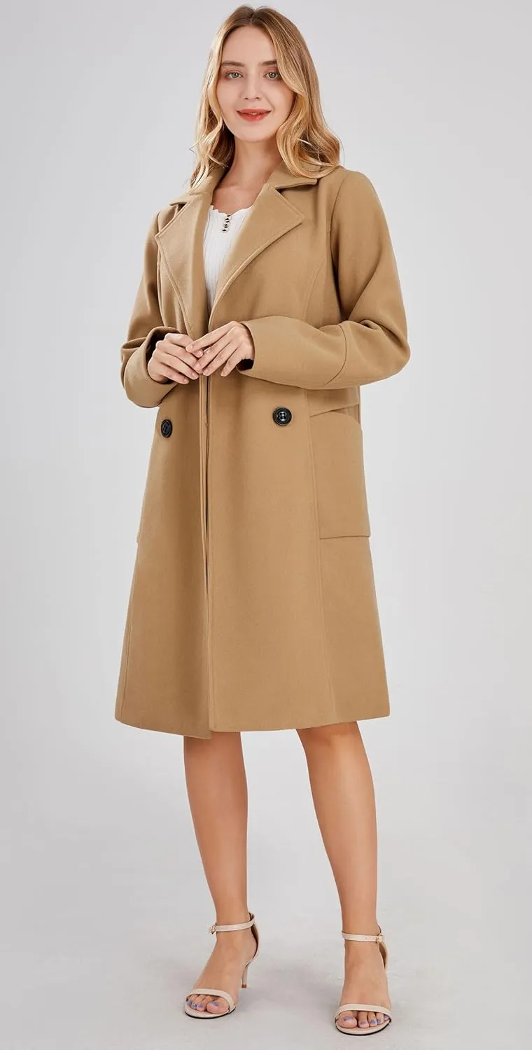 chouyatou Women's Basic Essential Double Breasted Mid-Long Wool Blend Pea Coat