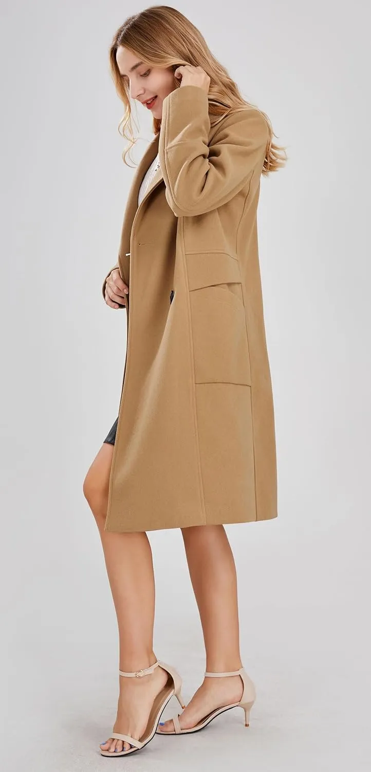 chouyatou Women's Basic Essential Double Breasted Mid-Long Wool Blend Pea Coat