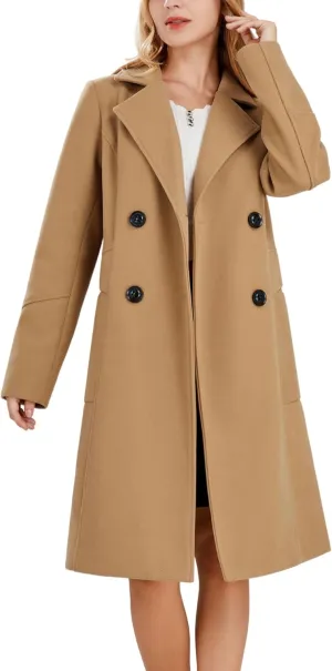 chouyatou Women's Basic Essential Double Breasted Mid-Long Wool Blend Pea Coat