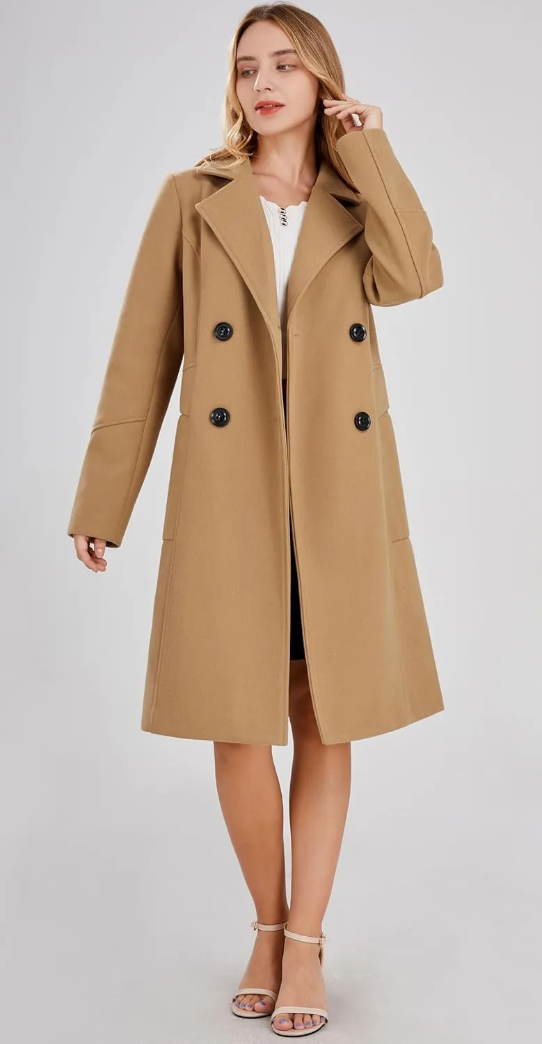 chouyatou Women's Basic Essential Double Breasted Mid-Long Wool Blend Pea Coat