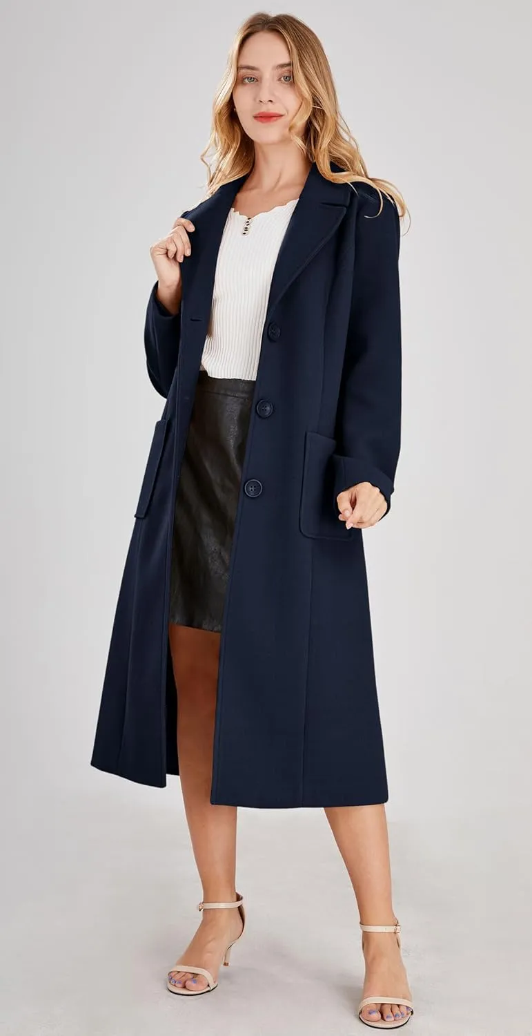 chouyatou Women's Big Notch Lapel Single Breasted Mid-Long Wool Blend Coat