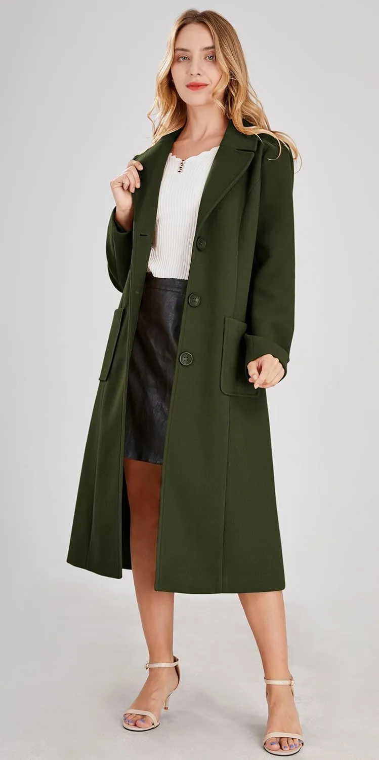 chouyatou Women's Big Notch Lapel Single Breasted Mid-Long Wool Blend Coat