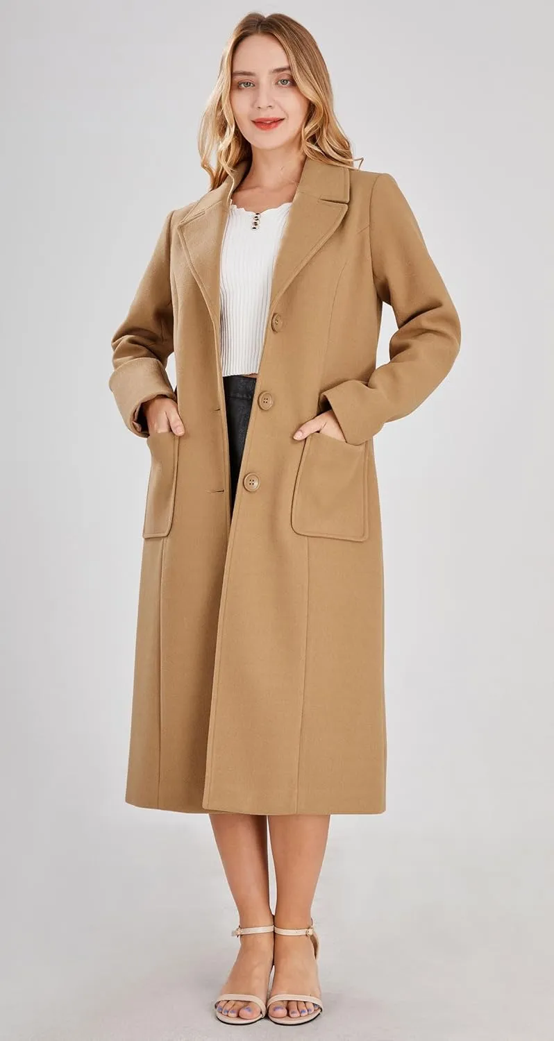 chouyatou Women's Big Notch Lapel Single Breasted Mid-Long Wool Blend Coat