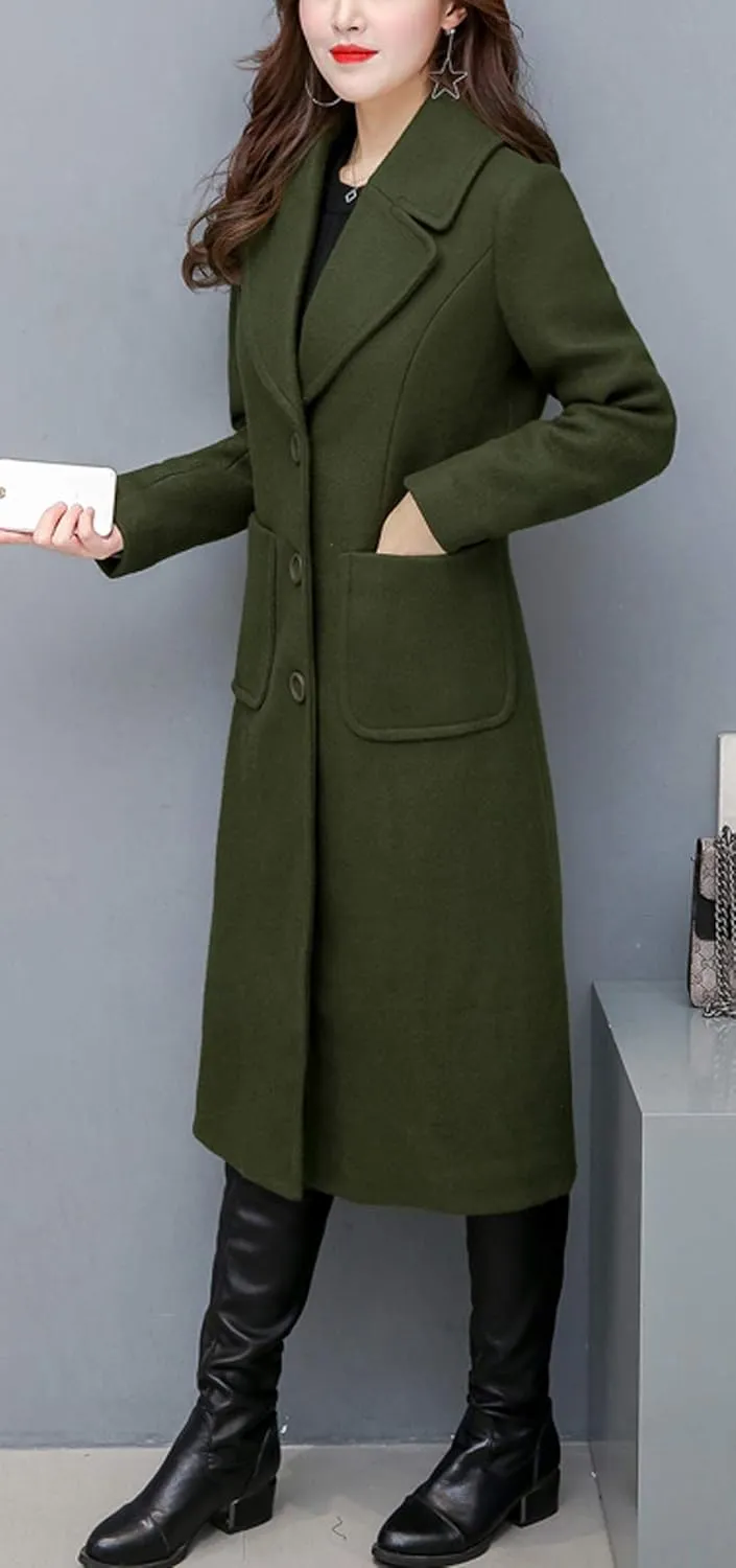 chouyatou Women's Big Notch Lapel Single Breasted Mid-Long Wool Blend Coat