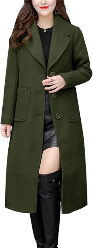 chouyatou Women's Big Notch Lapel Single Breasted Mid-Long Wool Blend Coat