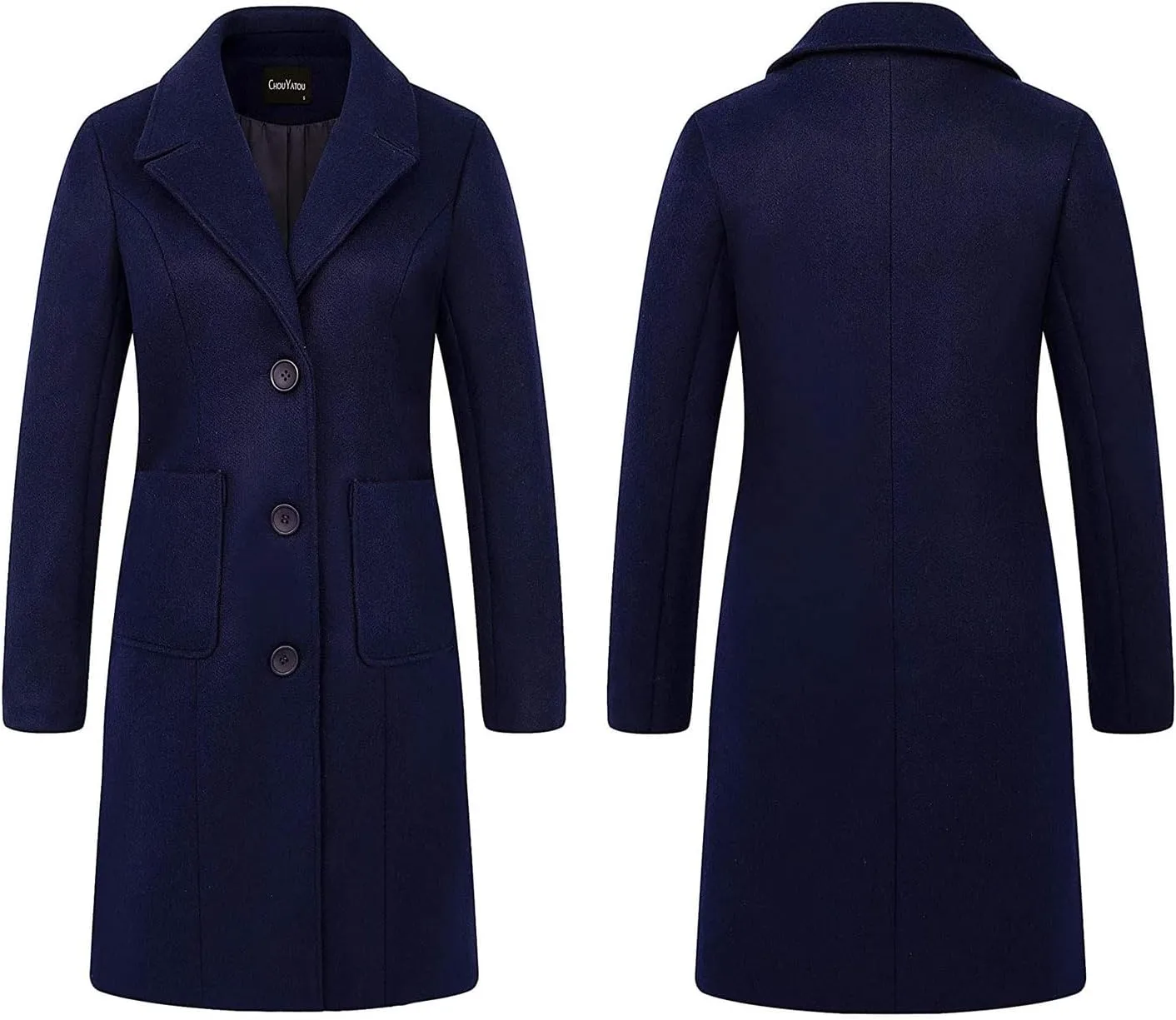 chouyatou Women's Big Notch Lapel Single Breasted Mid-Long Wool Blend Coat