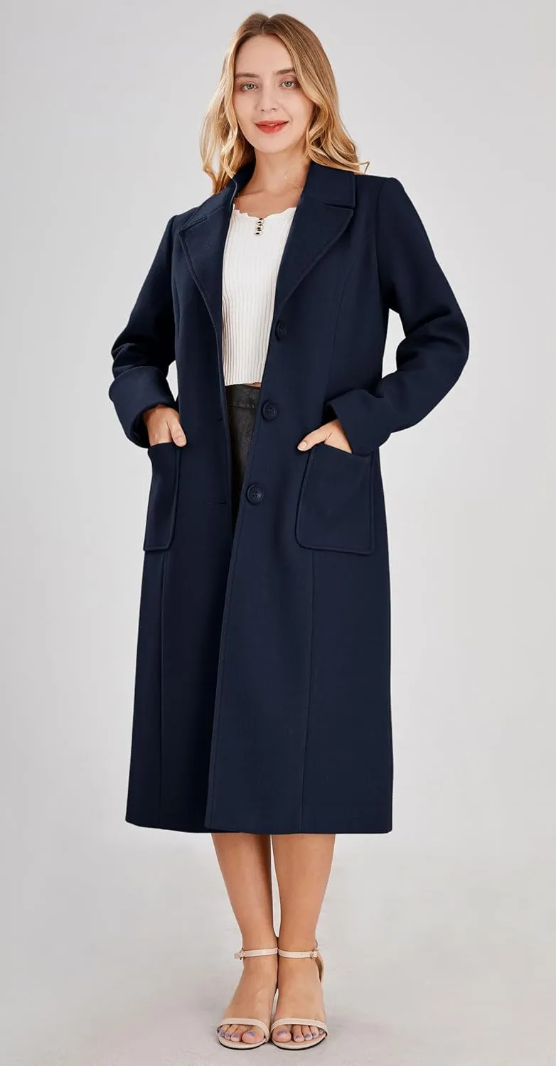 chouyatou Women's Big Notch Lapel Single Breasted Mid-Long Wool Blend Coat