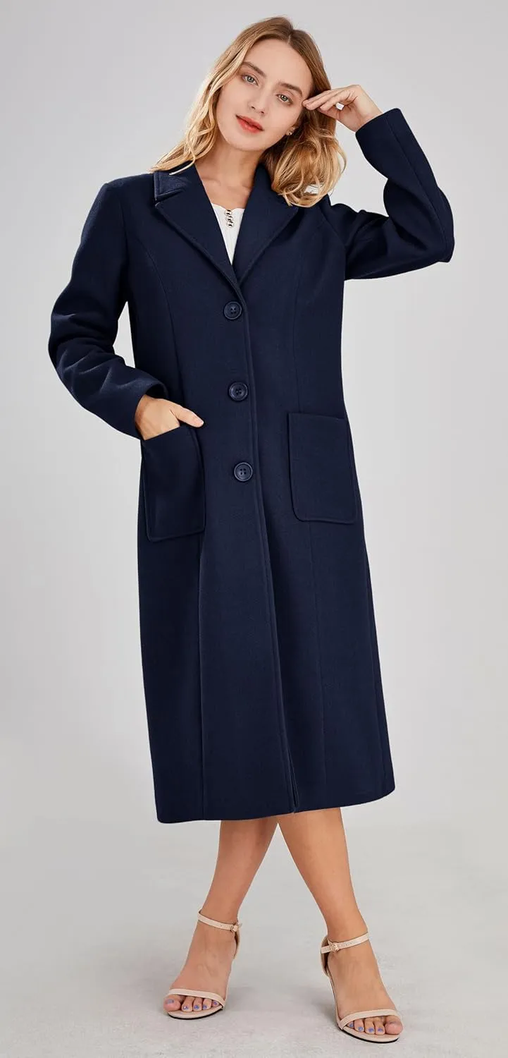 chouyatou Women's Big Notch Lapel Single Breasted Mid-Long Wool Blend Coat