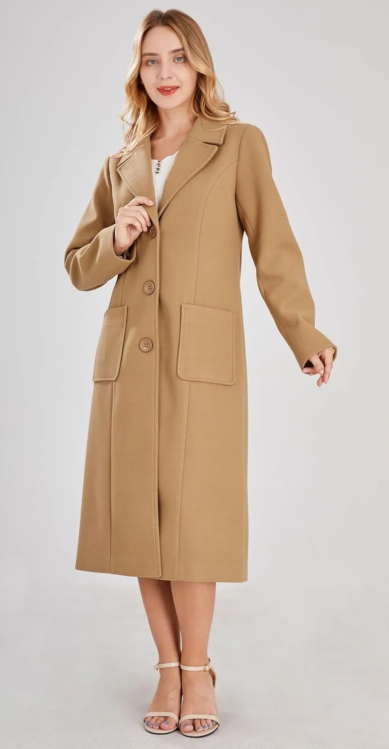 chouyatou Women's Big Notch Lapel Single Breasted Mid-Long Wool Blend Coat
