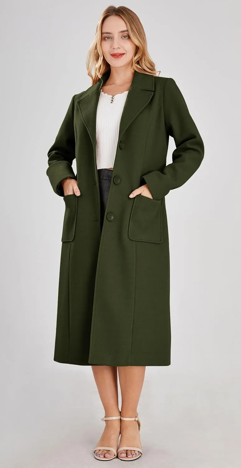 chouyatou Women's Big Notch Lapel Single Breasted Mid-Long Wool Blend Coat