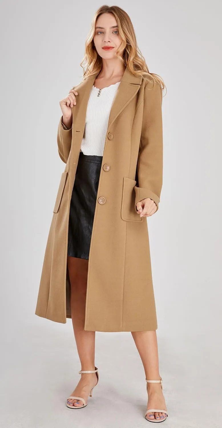 chouyatou Women's Big Notch Lapel Single Breasted Mid-Long Wool Blend Coat