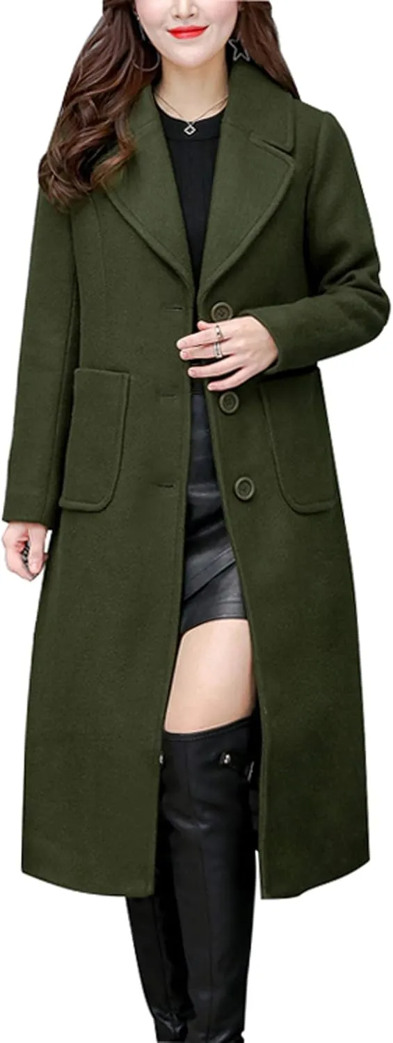 chouyatou Women's Big Notch Lapel Single Breasted Mid-Long Wool Blend Coat