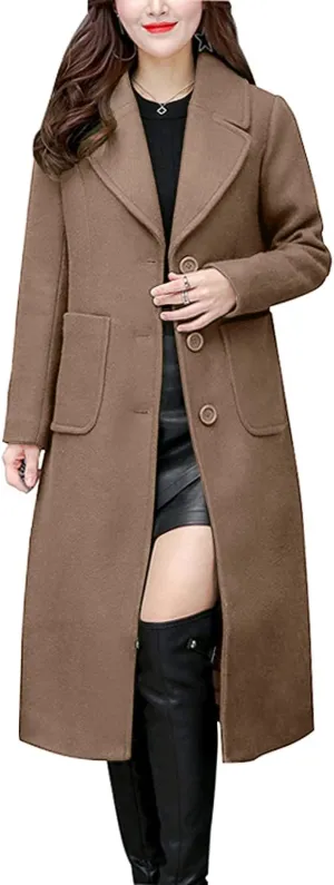 chouyatou Women's Big Notch Lapel Single Breasted Mid-Long Wool Blend Coat