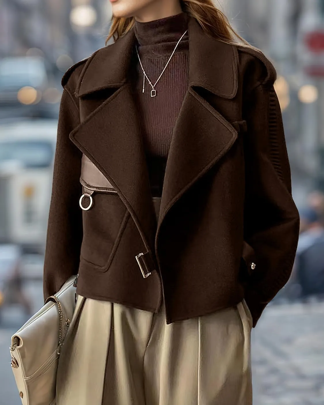 chouyatou Women's Business Casual Wool Coat Suit Top Open Front Loose Dressy Blazer Jacket Trench Coat