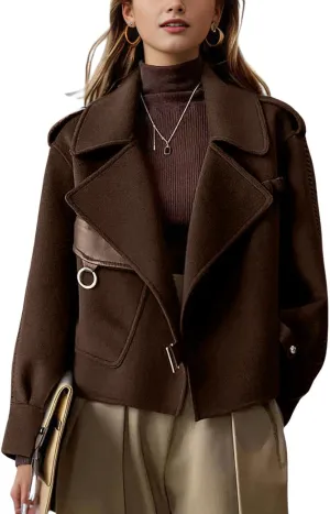 chouyatou Women's Business Casual Wool Coat Suit Top Open Front Loose Dressy Blazer Jacket Trench Coat