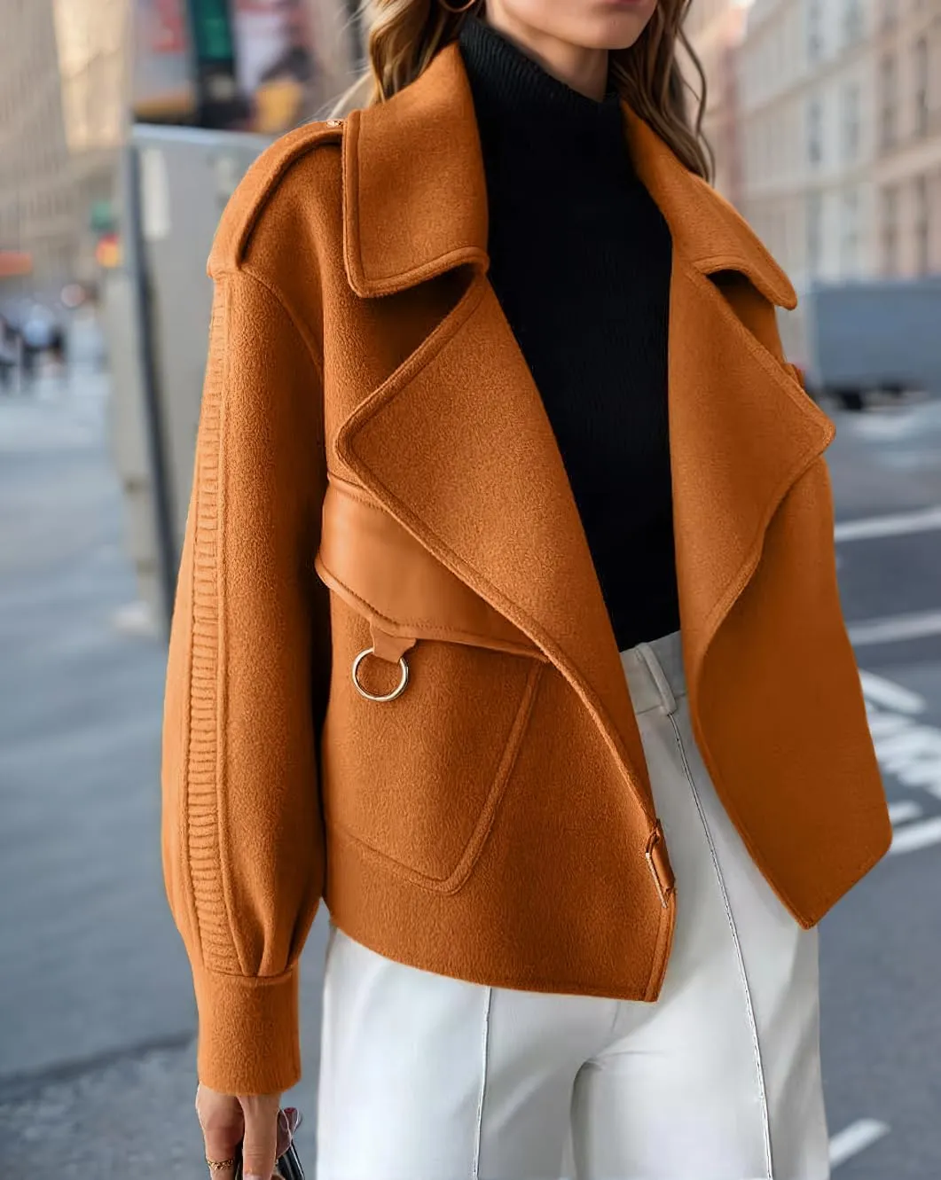 chouyatou Women's Business Casual Wool Coat Suit Top Open Front Loose Dressy Blazer Jacket Trench Coat