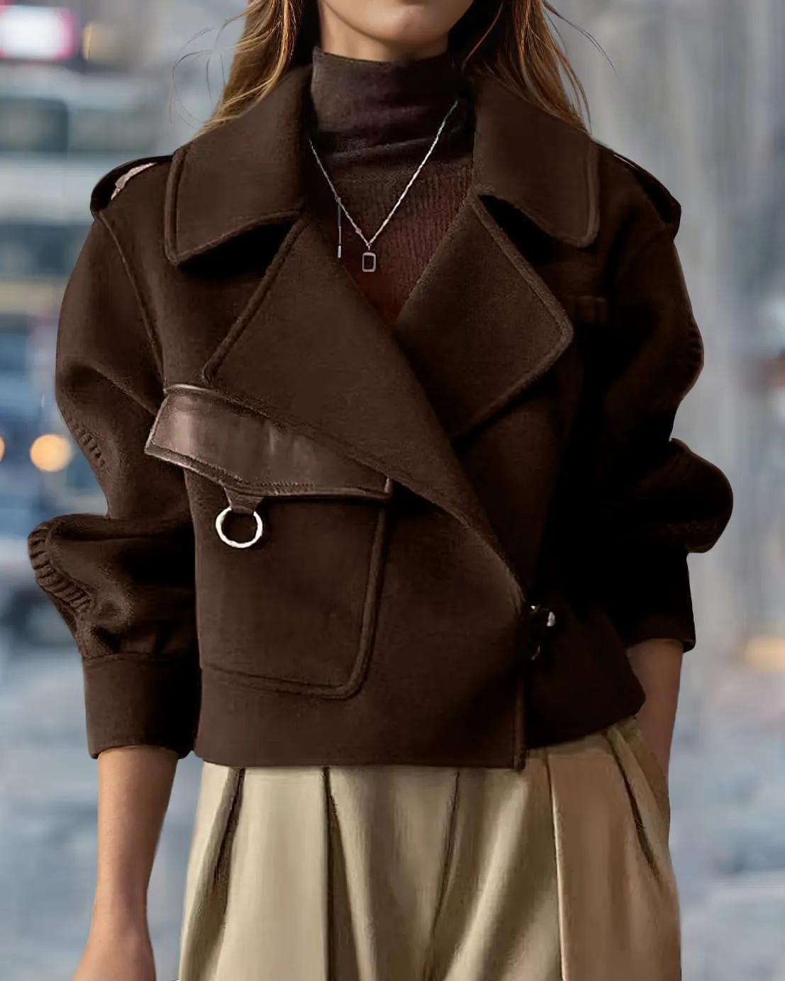 chouyatou Women's Business Casual Wool Coat Suit Top Open Front Loose Dressy Blazer Jacket Trench Coat