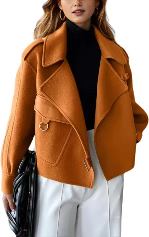 chouyatou Women's Business Casual Wool Coat Suit Top Open Front Loose Dressy Blazer Jacket Trench Coat