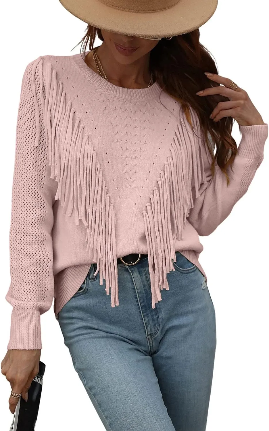 chouyatou Women's Casual Crewneck Fringe Tassel Knitted Pullover Sweater Jumper Tops