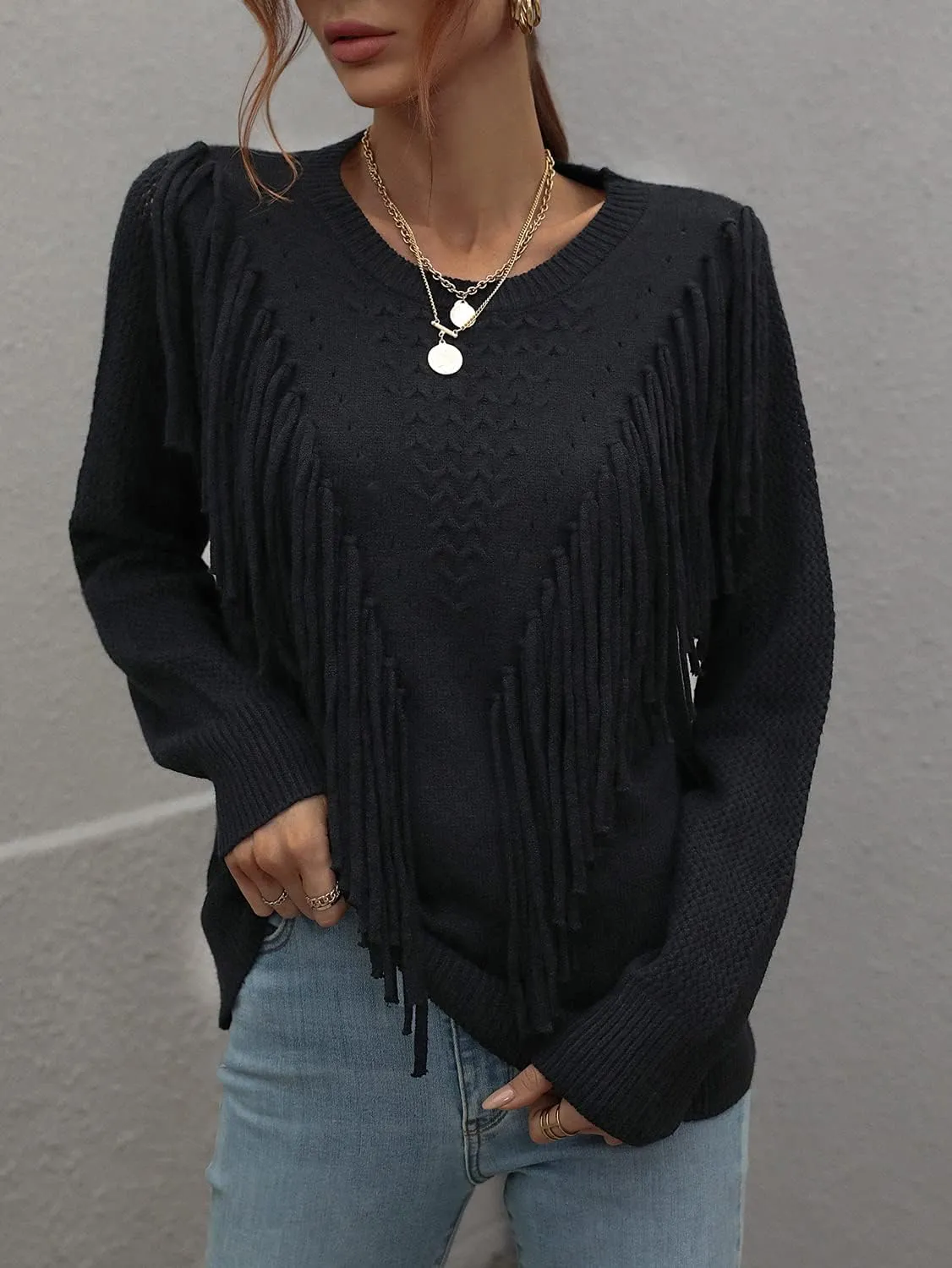 chouyatou Women's Casual Crewneck Fringe Tassel Knitted Pullover Sweater Jumper Tops