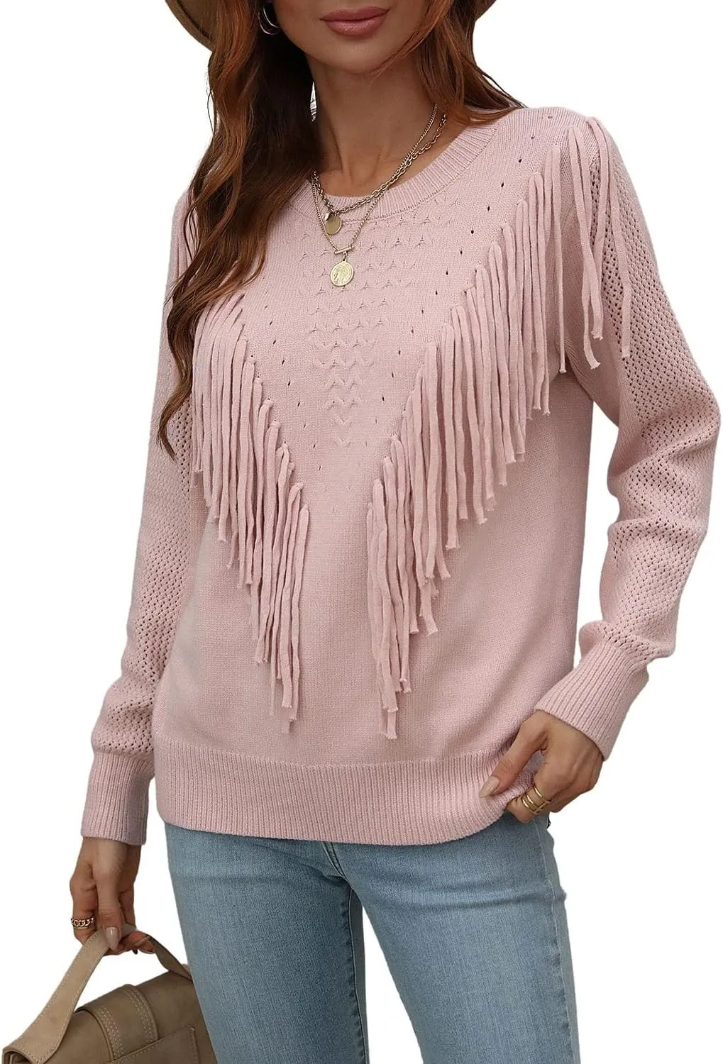 chouyatou Women's Casual Crewneck Fringe Tassel Knitted Pullover Sweater Jumper Tops