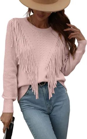 chouyatou Women's Casual Crewneck Fringe Tassel Knitted Pullover Sweater Jumper Tops