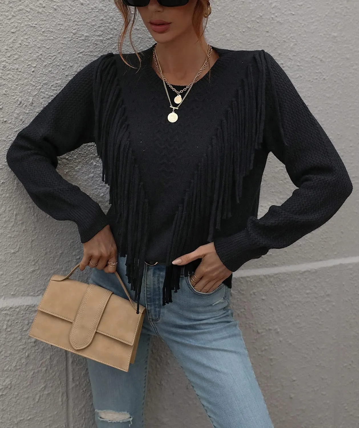 chouyatou Women's Casual Crewneck Fringe Tassel Knitted Pullover Sweater Jumper Tops
