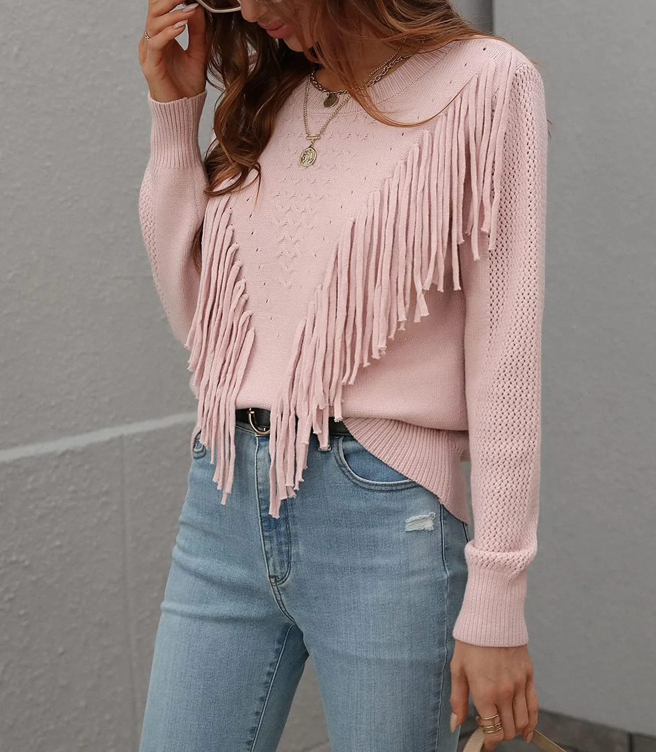 chouyatou Women's Casual Crewneck Fringe Tassel Knitted Pullover Sweater Jumper Tops