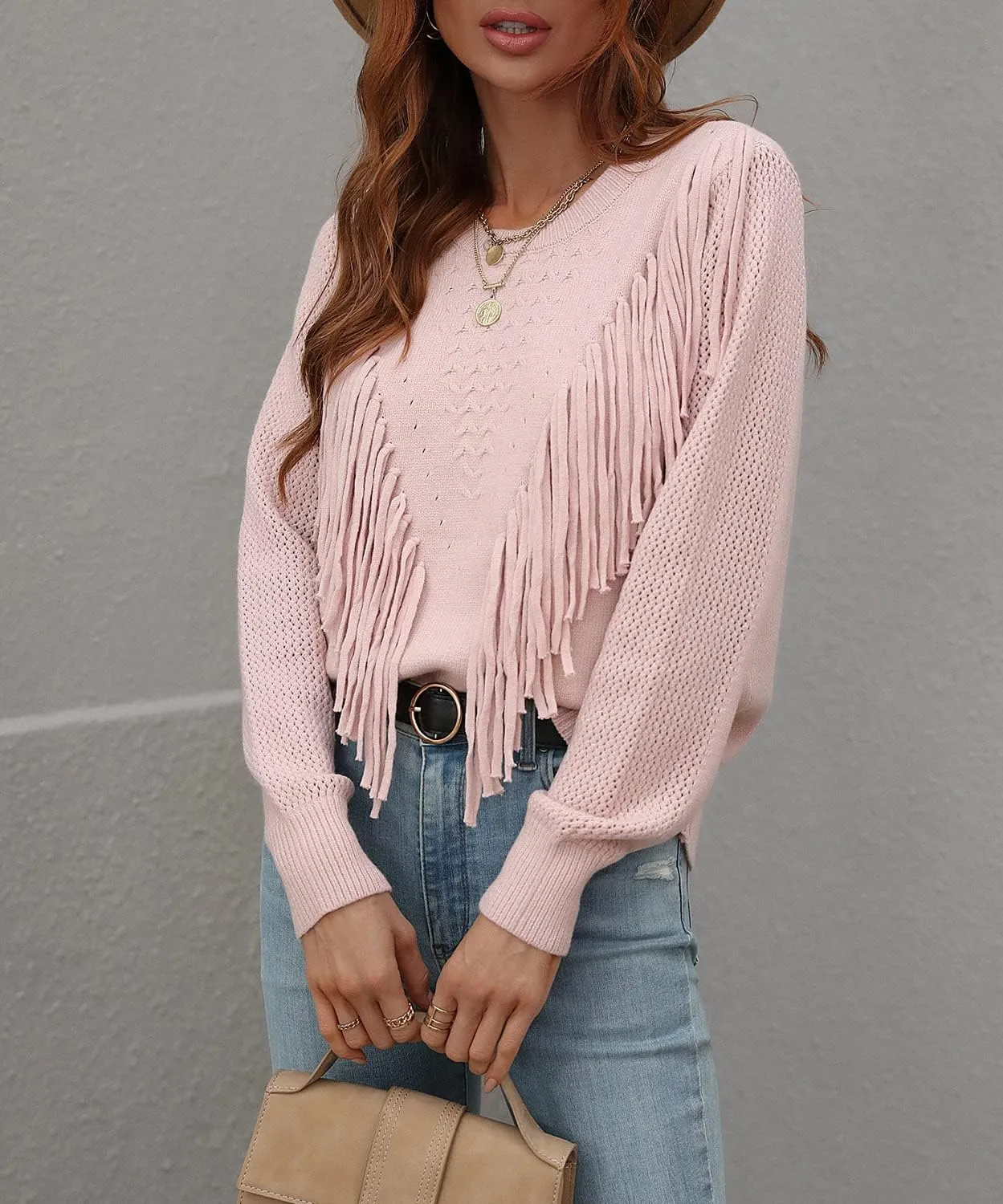 chouyatou Women's Casual Crewneck Fringe Tassel Knitted Pullover Sweater Jumper Tops
