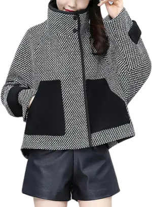 chouyatou Women's Casual Notched Collar Wool Blend Trench Coat Zip Up Wave Stripe Loose Short Blazer Coat