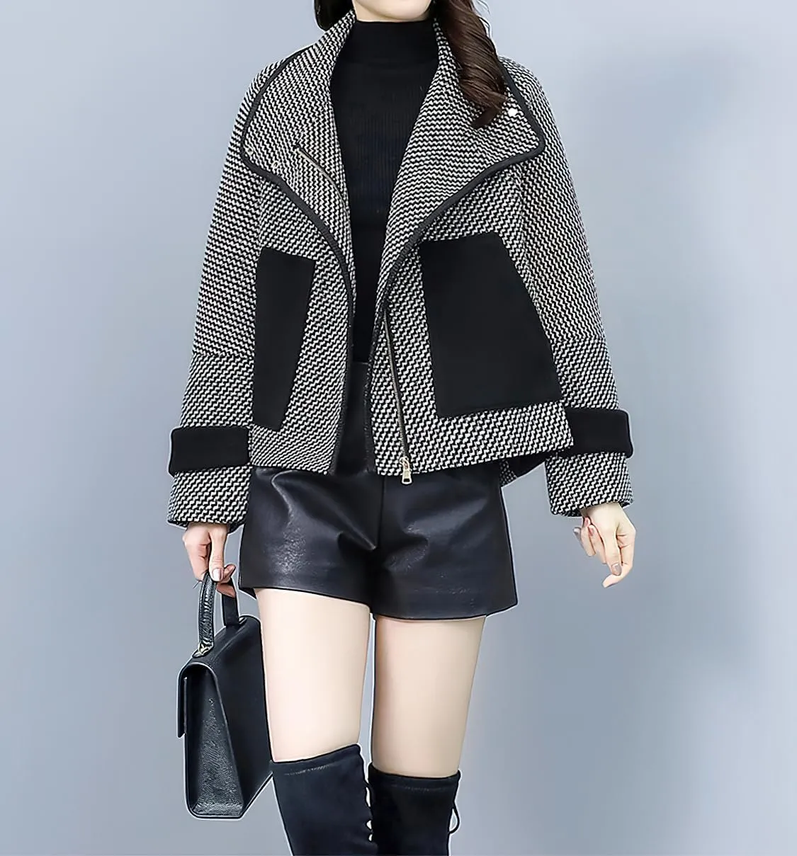 chouyatou Women's Casual Notched Collar Wool Blend Trench Coat Zip Up Wave Stripe Loose Short Blazer Coat