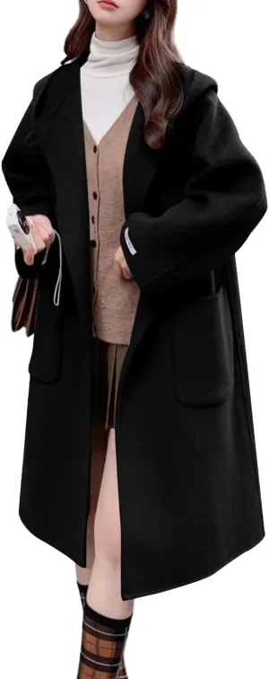 chouyatou Women's Cute Winter Wool Blend Trench Coat Mid Long Open front Hooded Coat Horn Button Overcoat