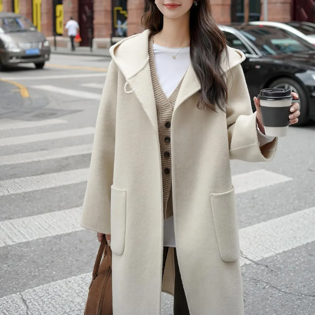 chouyatou Women's Cute Winter Wool Blend Trench Coat Mid Long Open front Hooded Coat Horn Button Overcoat