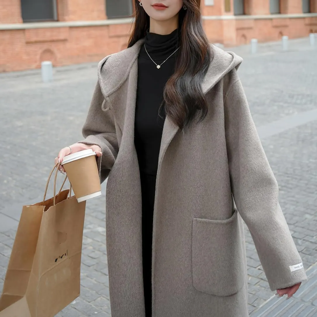 chouyatou Women's Cute Winter Wool Blend Trench Coat Mid Long Open front Hooded Coat Horn Button Overcoat
