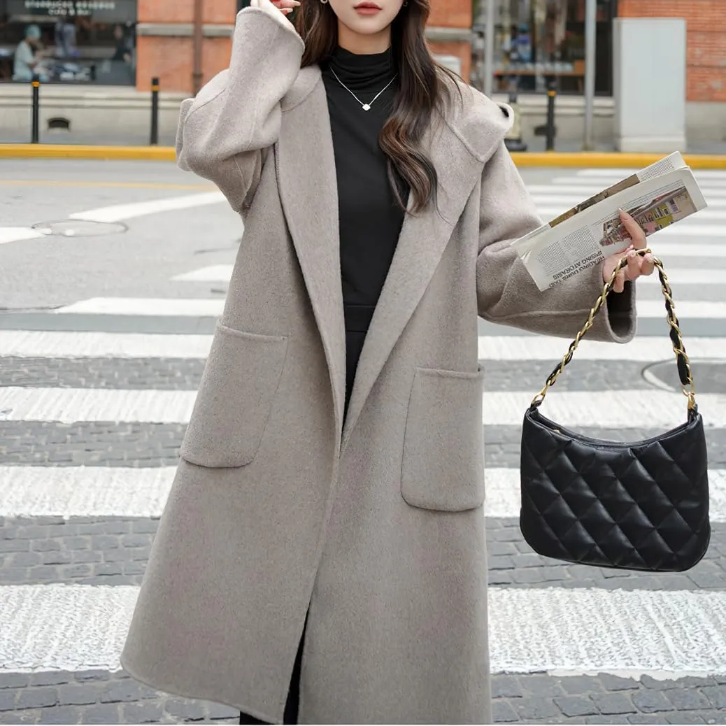 chouyatou Women's Cute Winter Wool Blend Trench Coat Mid Long Open front Hooded Coat Horn Button Overcoat