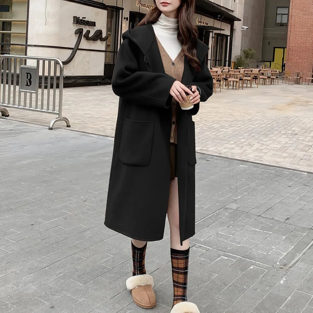 chouyatou Women's Cute Winter Wool Blend Trench Coat Mid Long Open front Hooded Coat Horn Button Overcoat