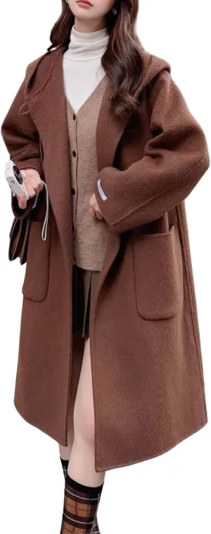 chouyatou Women's Cute Winter Wool Blend Trench Coat Mid Long Open front Hooded Coat Horn Button Overcoat