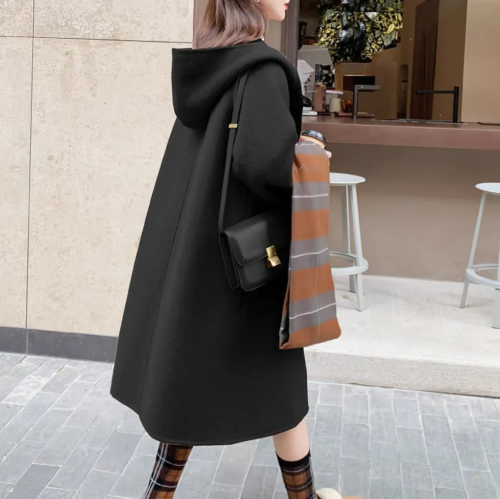 chouyatou Women's Cute Winter Wool Blend Trench Coat Mid Long Open front Hooded Coat Horn Button Overcoat