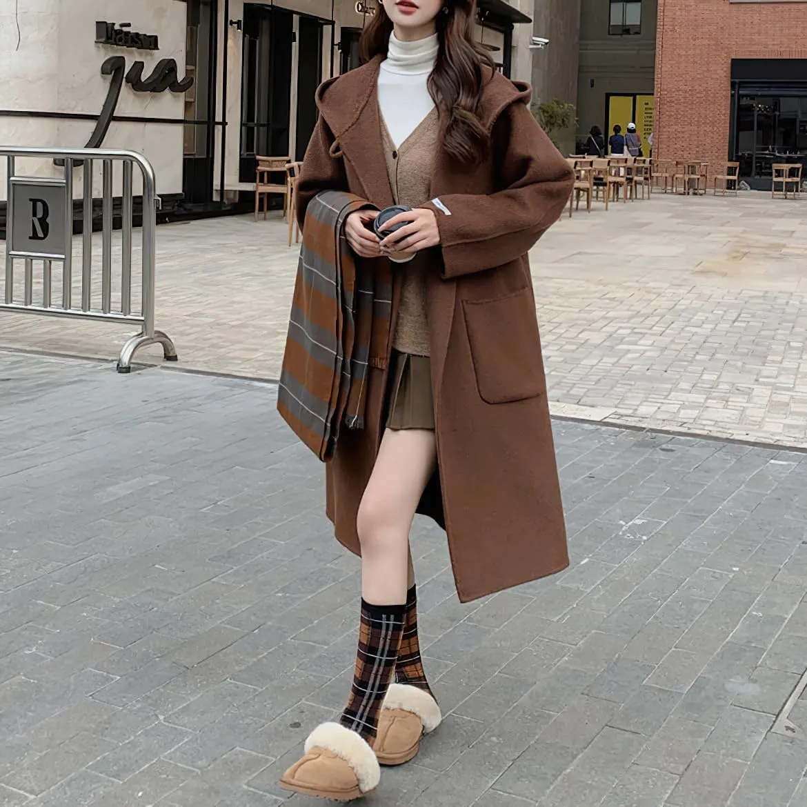 chouyatou Women's Cute Winter Wool Blend Trench Coat Mid Long Open front Hooded Coat Horn Button Overcoat