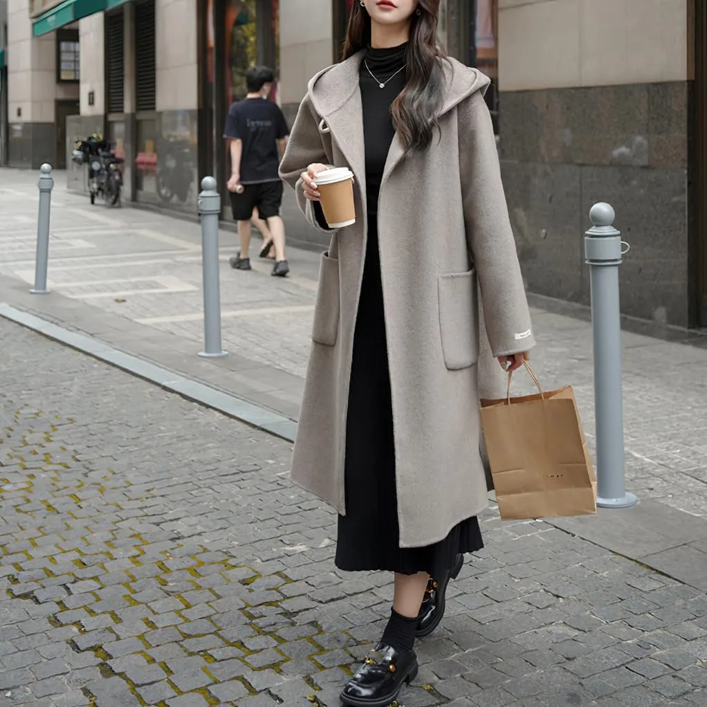 chouyatou Women's Cute Winter Wool Blend Trench Coat Mid Long Open front Hooded Coat Horn Button Overcoat
