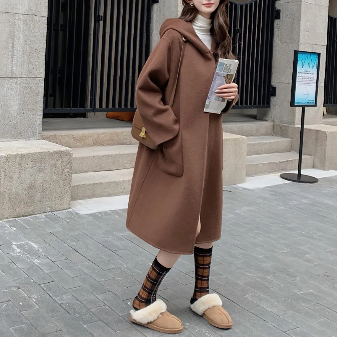 chouyatou Women's Cute Winter Wool Blend Trench Coat Mid Long Open front Hooded Coat Horn Button Overcoat