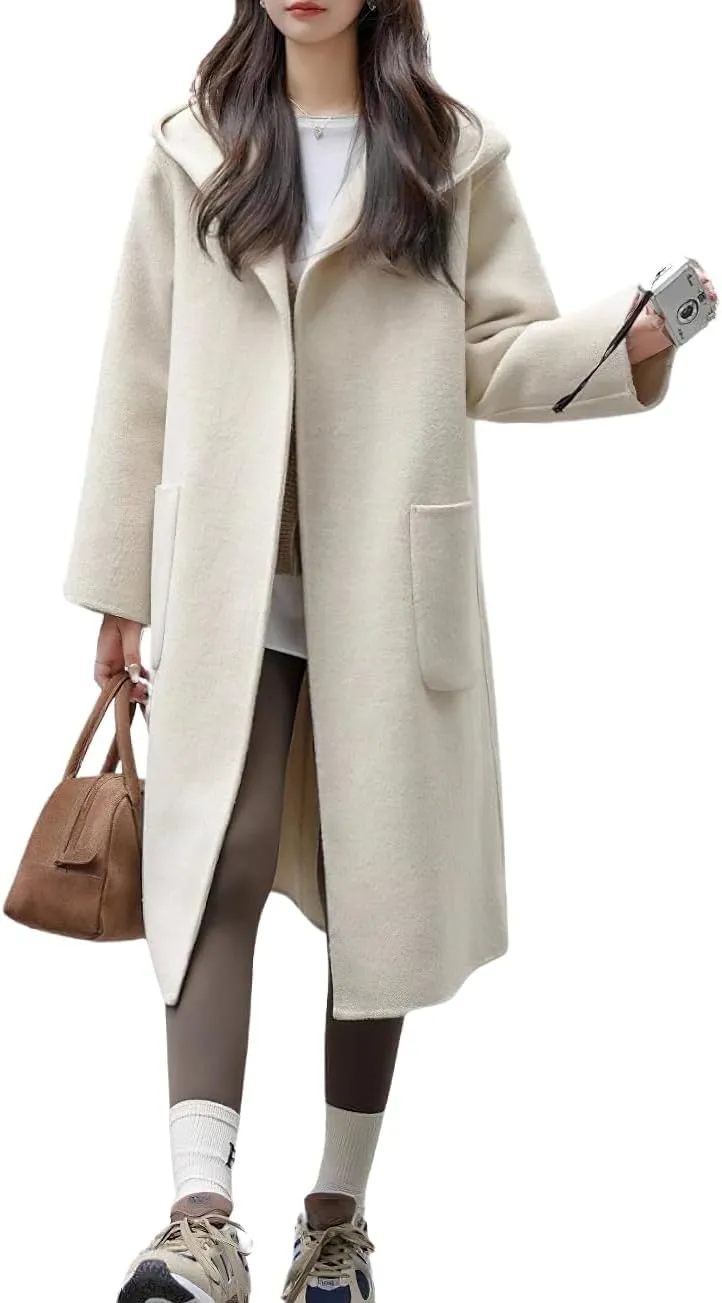 chouyatou Women's Cute Winter Wool Blend Trench Coat Mid Long Open front Hooded Coat Horn Button Overcoat