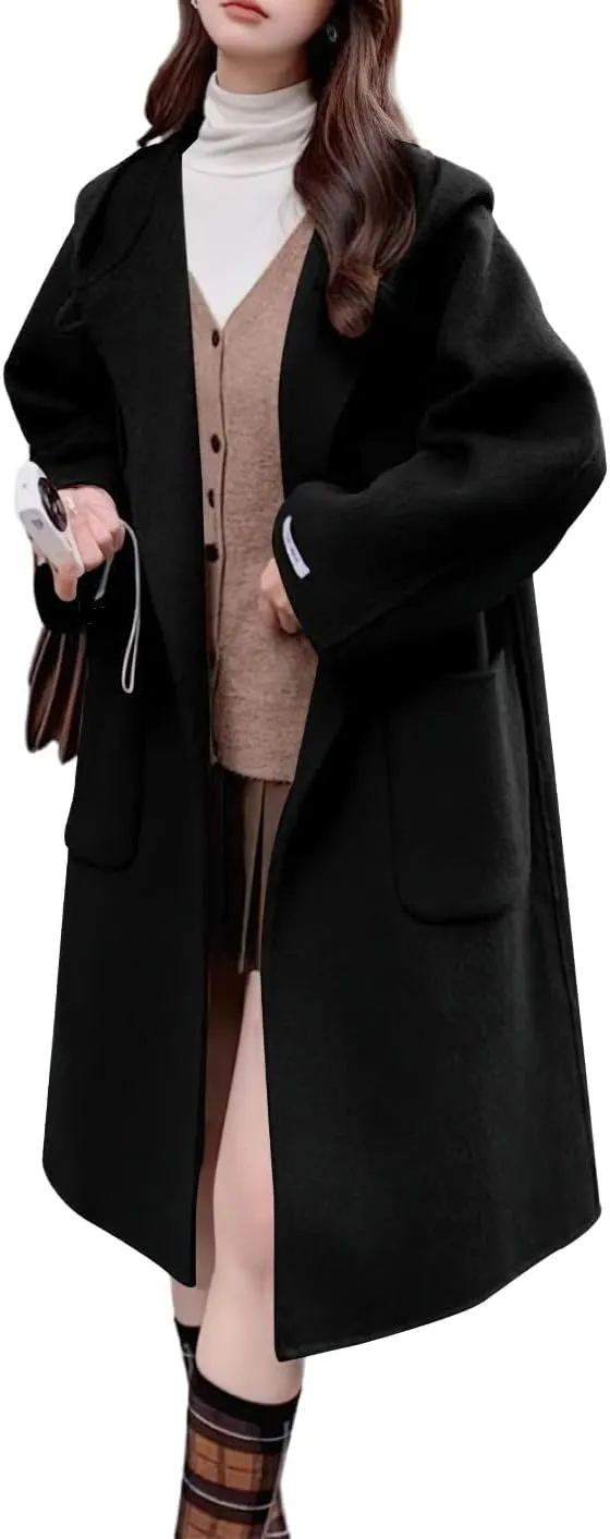 chouyatou Women's Cute Winter Wool Blend Trench Coat Mid Long Open front Hooded Coat Horn Button Overcoat