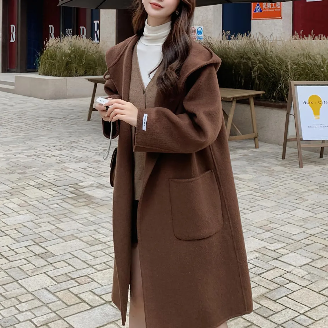 chouyatou Women's Cute Winter Wool Blend Trench Coat Mid Long Open front Hooded Coat Horn Button Overcoat