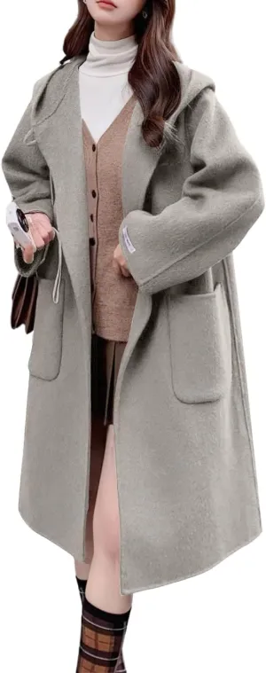 chouyatou Women's Cute Winter Wool Blend Trench Coat Mid Long Open front Hooded Coat Horn Button Overcoat