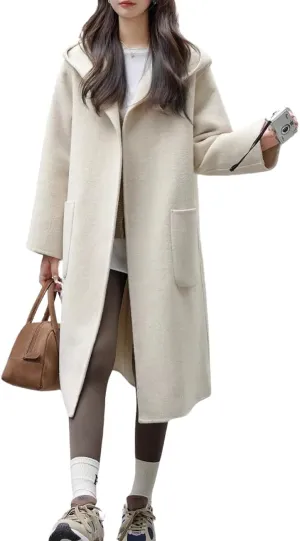 chouyatou Women's Cute Winter Wool Blend Trench Coat Mid Long Open front Hooded Coat Horn Button Overcoat