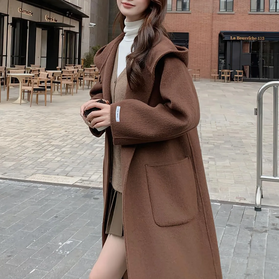 chouyatou Women's Cute Winter Wool Blend Trench Coat Mid Long Open front Hooded Coat Horn Button Overcoat