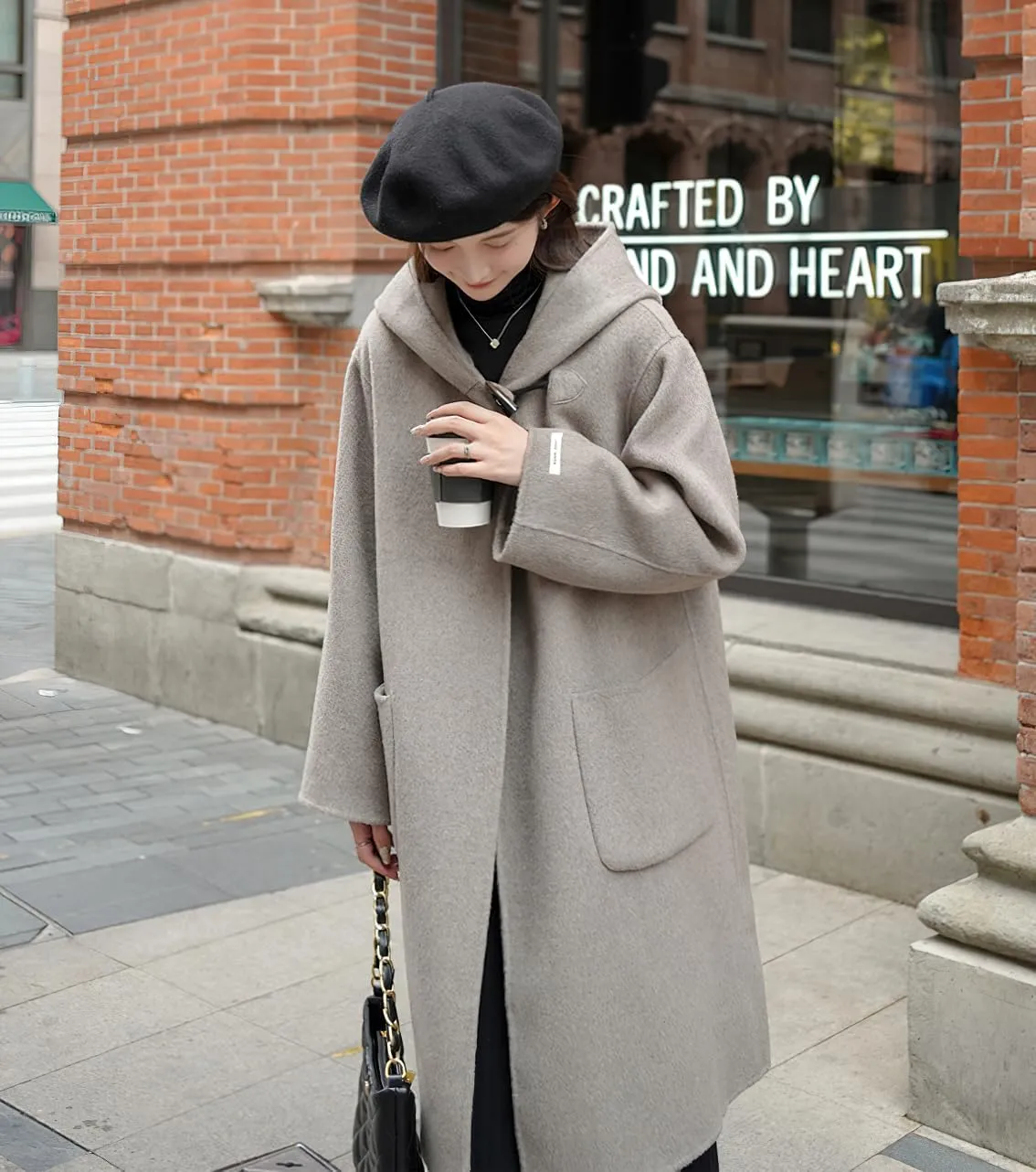 chouyatou Women's Cute Winter Wool Blend Trench Coat Mid Long Open front Hooded Coat Horn Button Overcoat