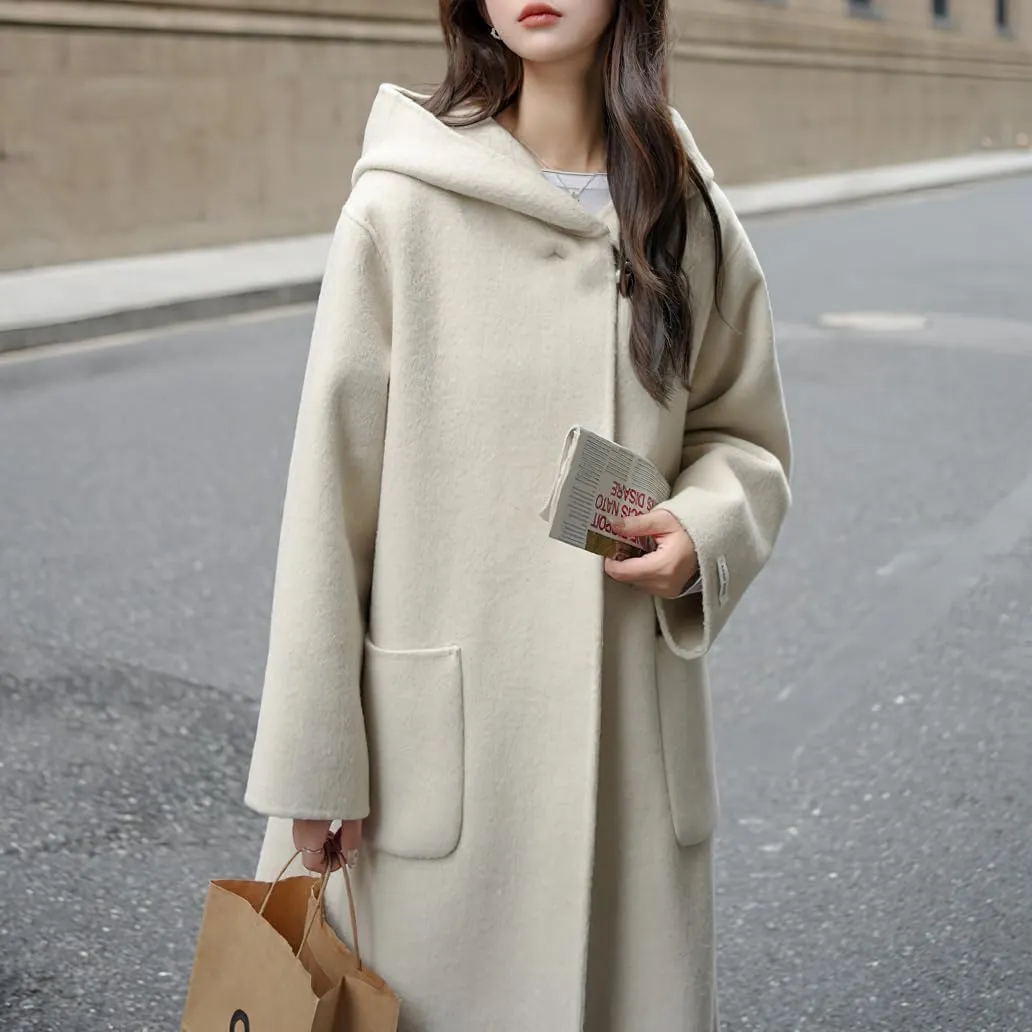 chouyatou Women's Cute Winter Wool Blend Trench Coat Mid Long Open front Hooded Coat Horn Button Overcoat